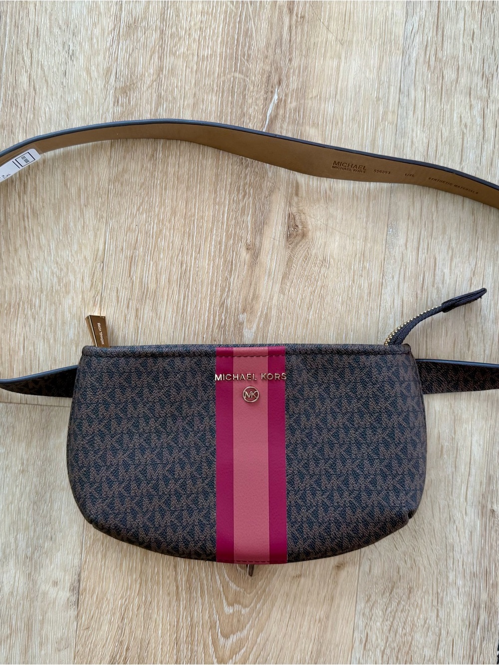 New Michael Kors MK Designer Brown Logo Belt Bag with Pink Stripe Size L/XL